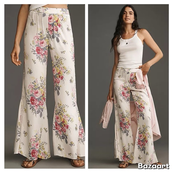 NWT By Anthropologie Floral Lace Silky Flare Pants Sz 6 - Picture 3 of 16